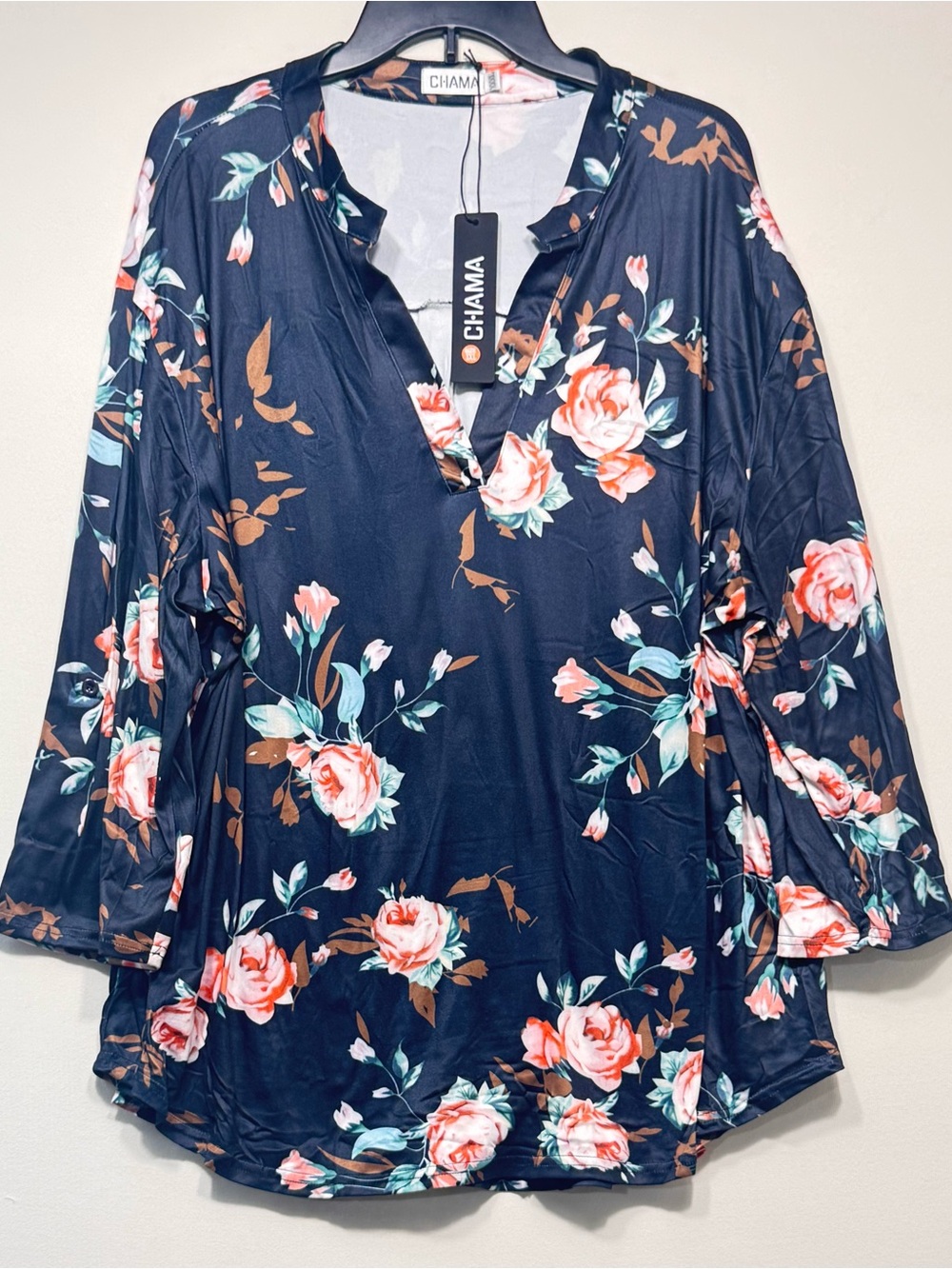 Plus Size 3/4 Sleeve Shirts for Women Floral Print V Neck Blouses Tunic Top